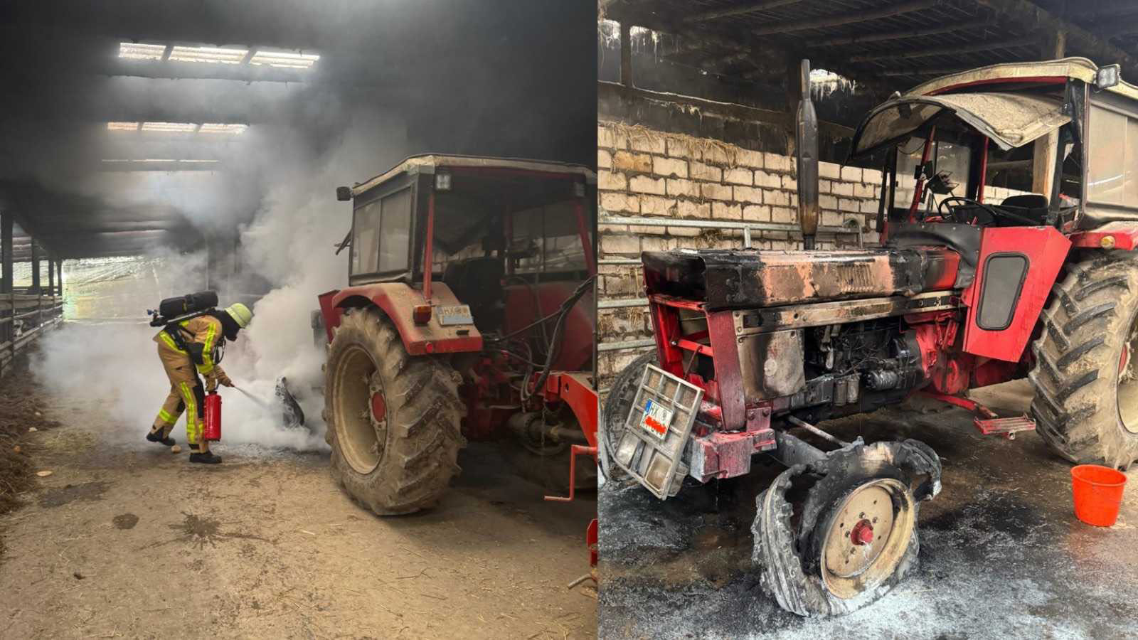 Traktor in Stallung brennt: Hofbetreiber in Bödexen verhindert Schlimmeres, Feuerwehr sichert Einsatzstelle